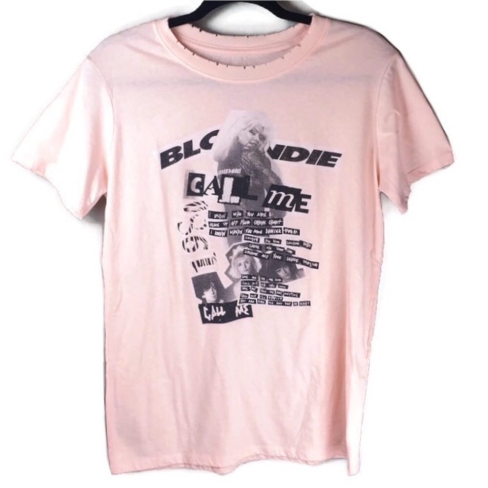 Blondie T Shirt top Call Me Lyrics Distressed Short Sleeve Crewneck Pink Medium